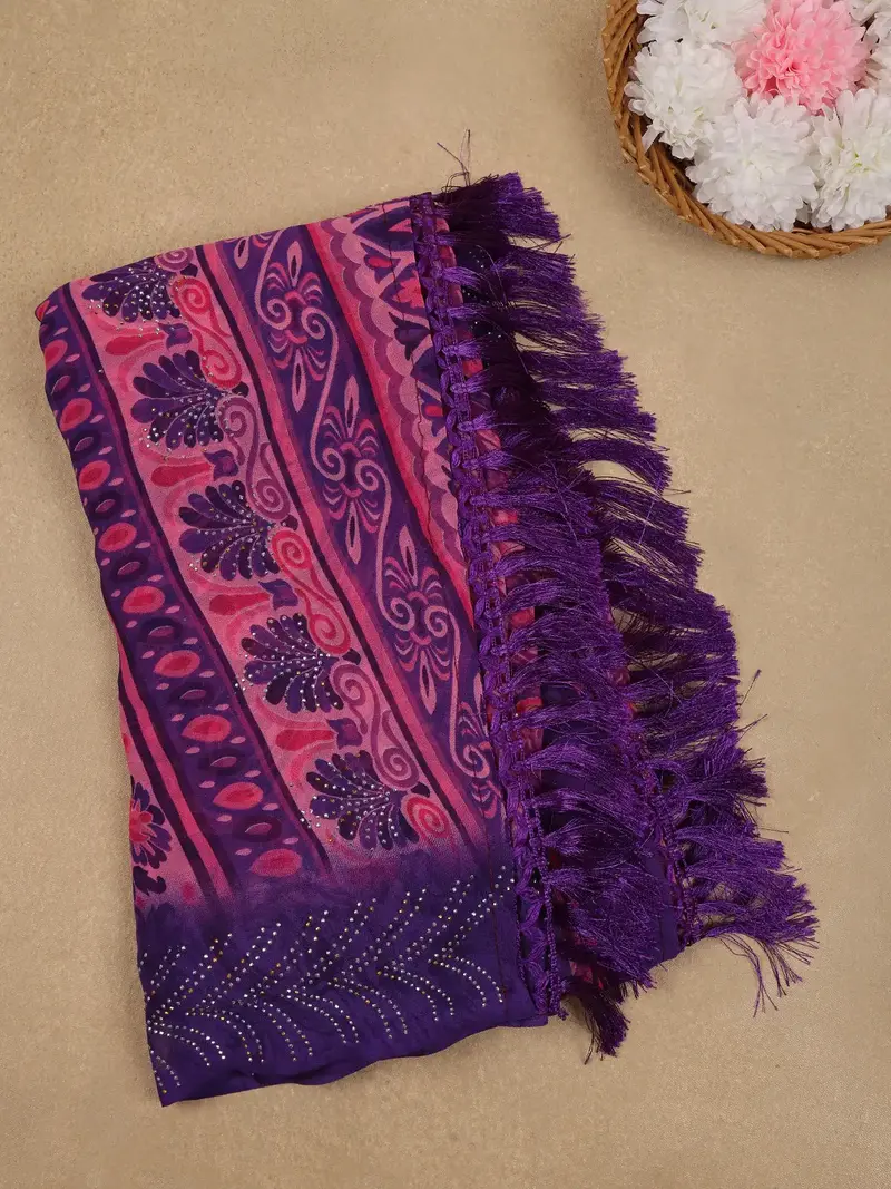 Purple Floral Printed Beaded Synthetic Saree 1