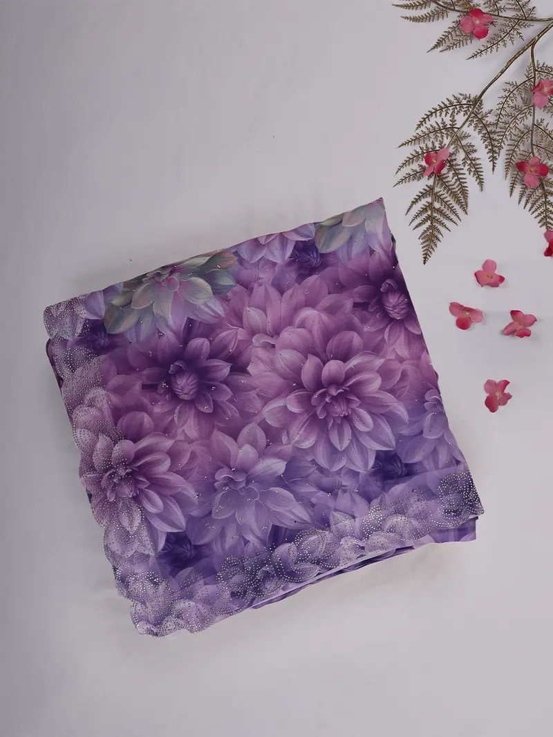 Purple Floral Printed Chiffon Saree With Stone Embellished Scallop Border 1