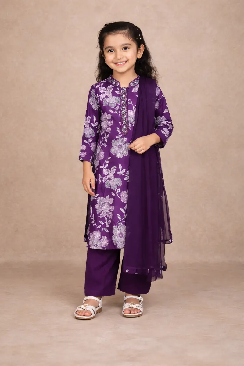 Purple Floral Printed Cotton Kids Salwar Suit With Dupatta 1