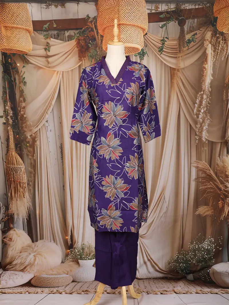 Purple Floral Printed Cotton Salwar Suit With Dupatta 1