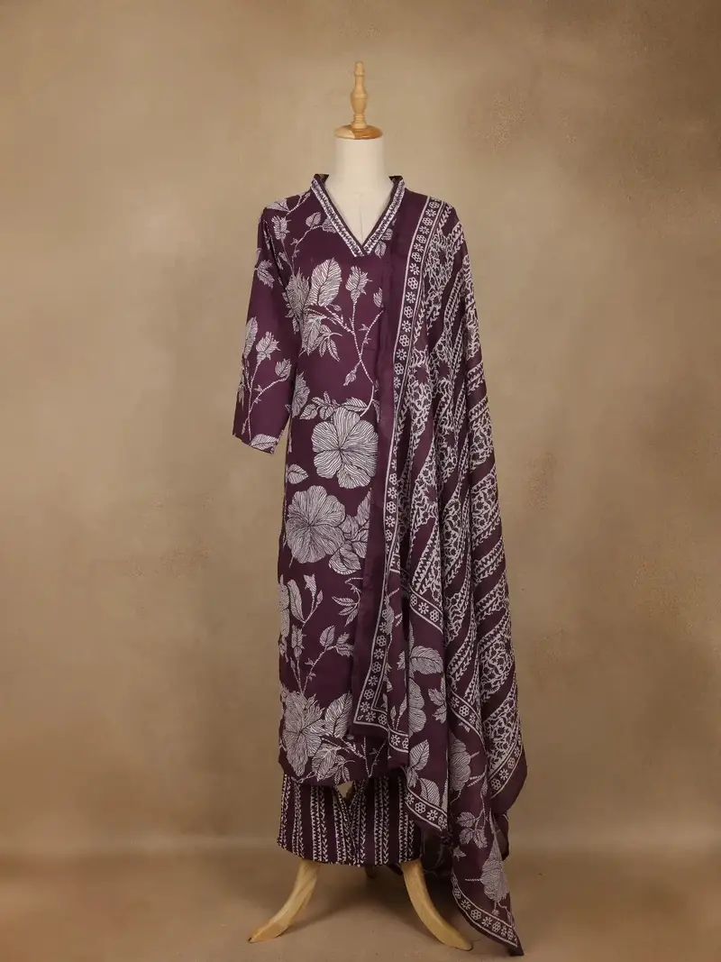 Purple Floral Printed Cotton Salwar Suit With Dupatta 1