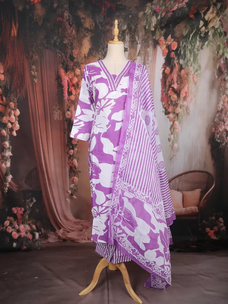 Purple Floral Printed Cotton Salwar With Dupatta 1