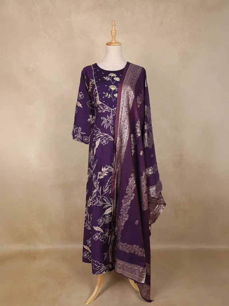 Purple Floral Printed Cotton Straight Cut Salwar Suit With Embroidered Yoke And Dupatta 1