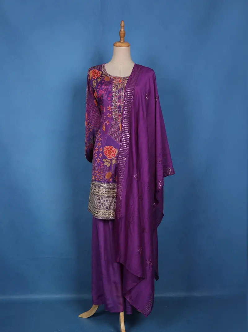 Purple Floral Printed Crepe Palazzo Suit 1
