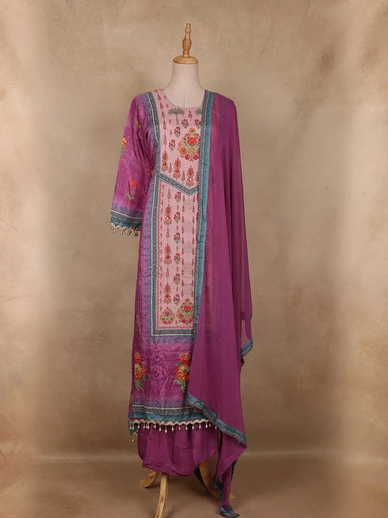 Purple Floral Printed Crepe Salwar Suit With Dupatta 1
