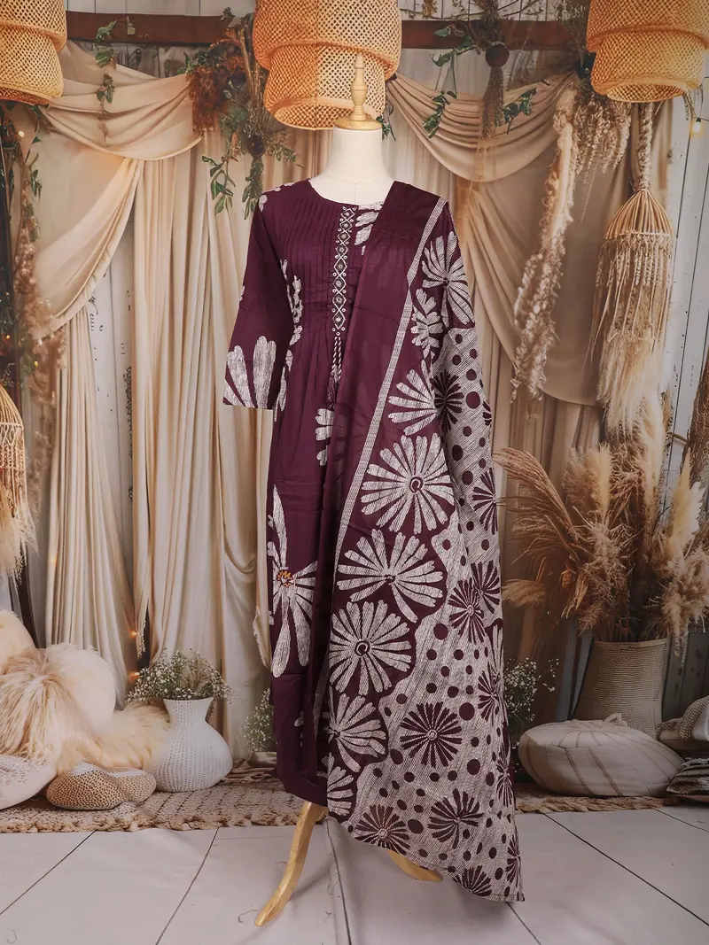 Purple Floral Printed Design Cotton Straight Cut Salwar Suit With Dupatta 1