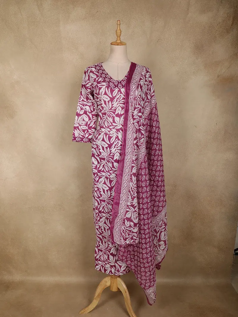 Purple Floral Printed Design Cotton Straight Cut Salwar Suit With Dupatta 1
