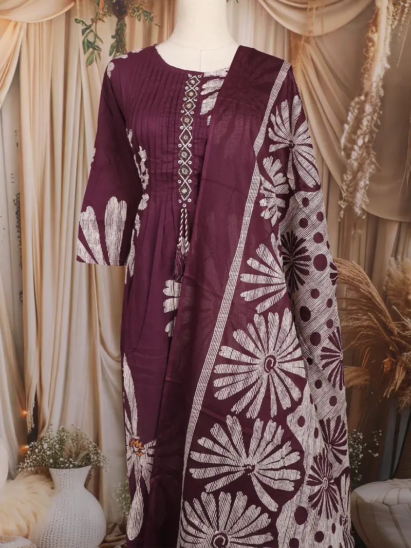 Purple Floral Printed Design Cotton Straight Cut Salwar Suit With Dupatta 2
