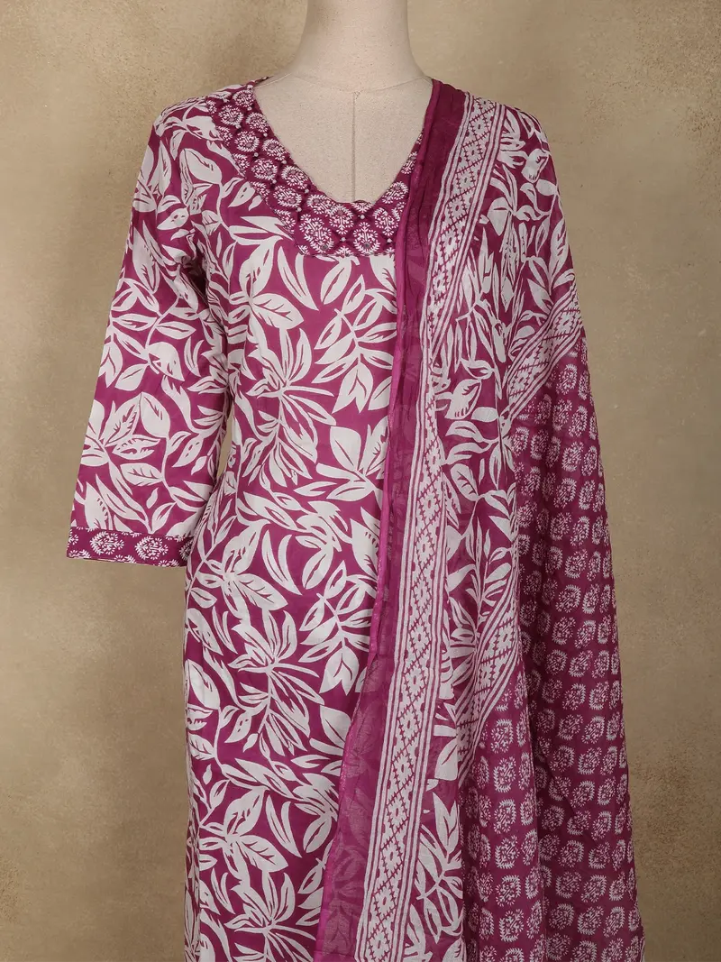 Purple Floral Printed Design Cotton Straight Cut Salwar Suit With Dupatta 2