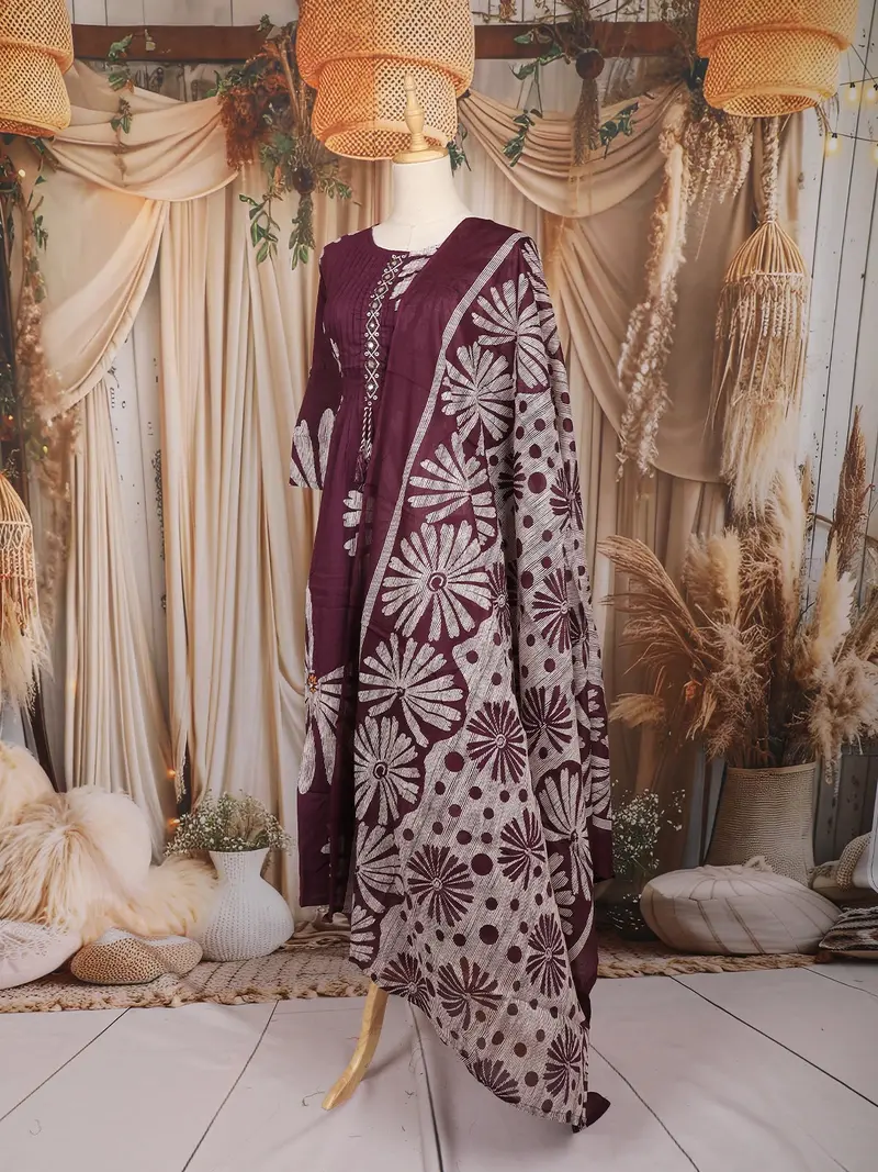 Purple Floral Printed Design Cotton Straight Cut Salwar Suit With Dupatta 3