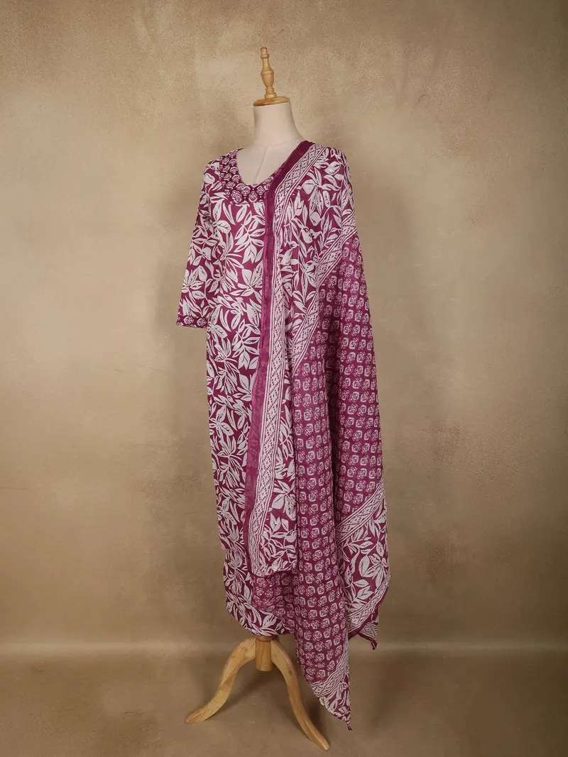 Purple Floral Printed Design Cotton Straight Cut Salwar Suit With Dupatta 3