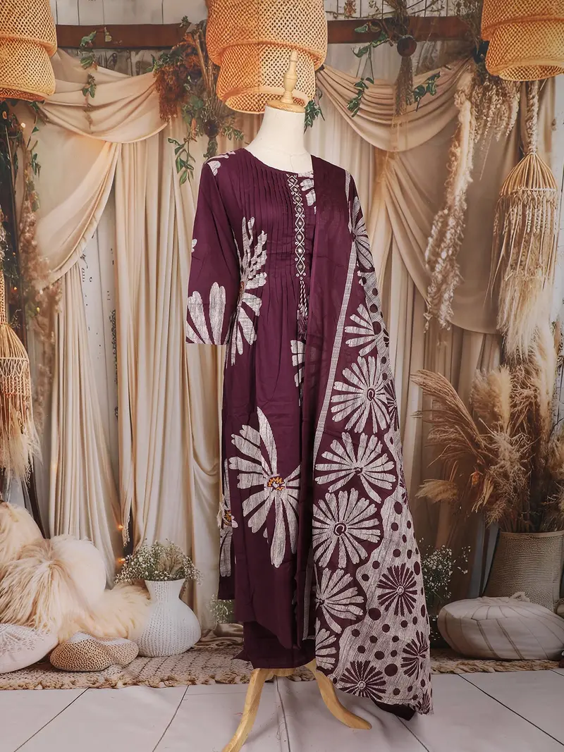 Purple Floral Printed Design Cotton Straight Cut Salwar Suit With Dupatta 4
