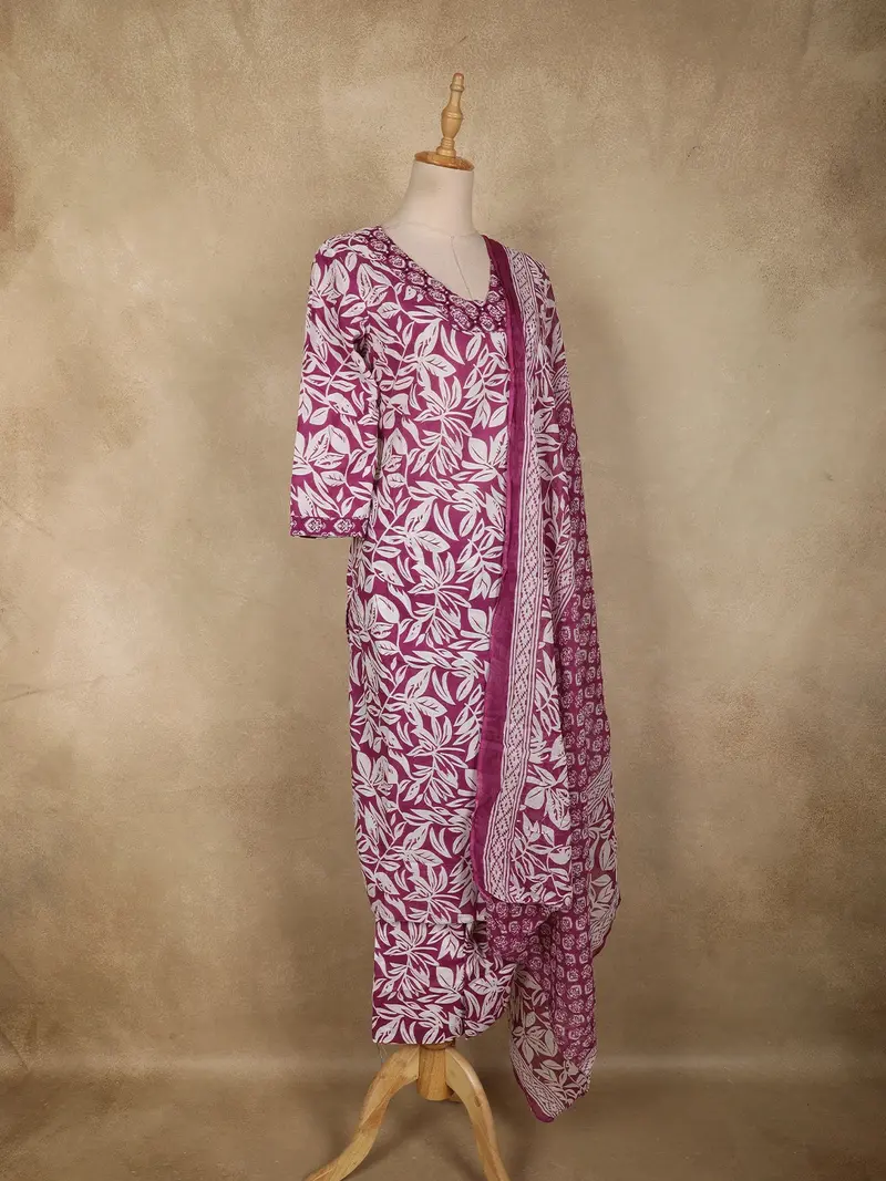 Purple Floral Printed Design Cotton Straight Cut Salwar Suit With Dupatta 4
