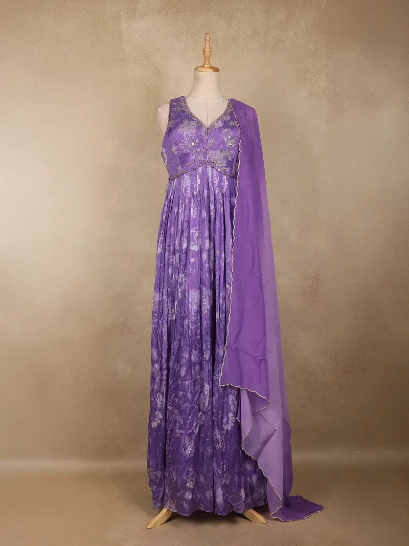 Purple Floral Printed Georgette Gown With Dupatta 1