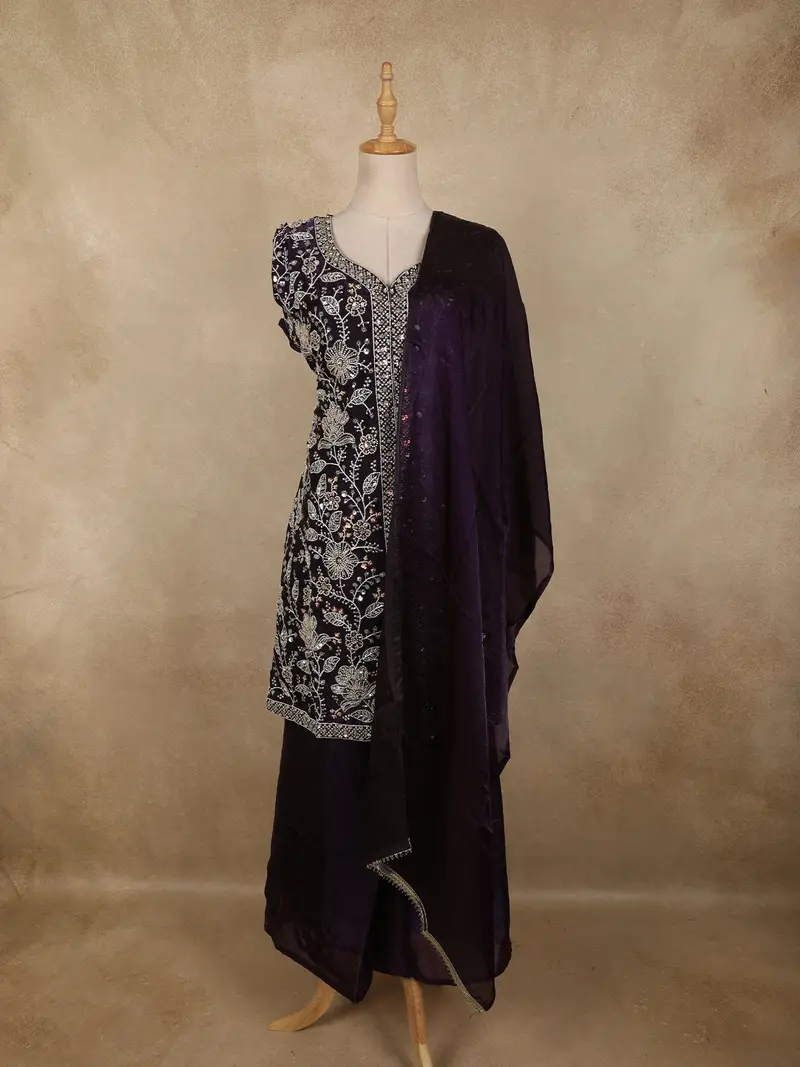 Purple Floral Sequins And Beads Embroidered Design Organza Palazzo Suit With Dupatta 1