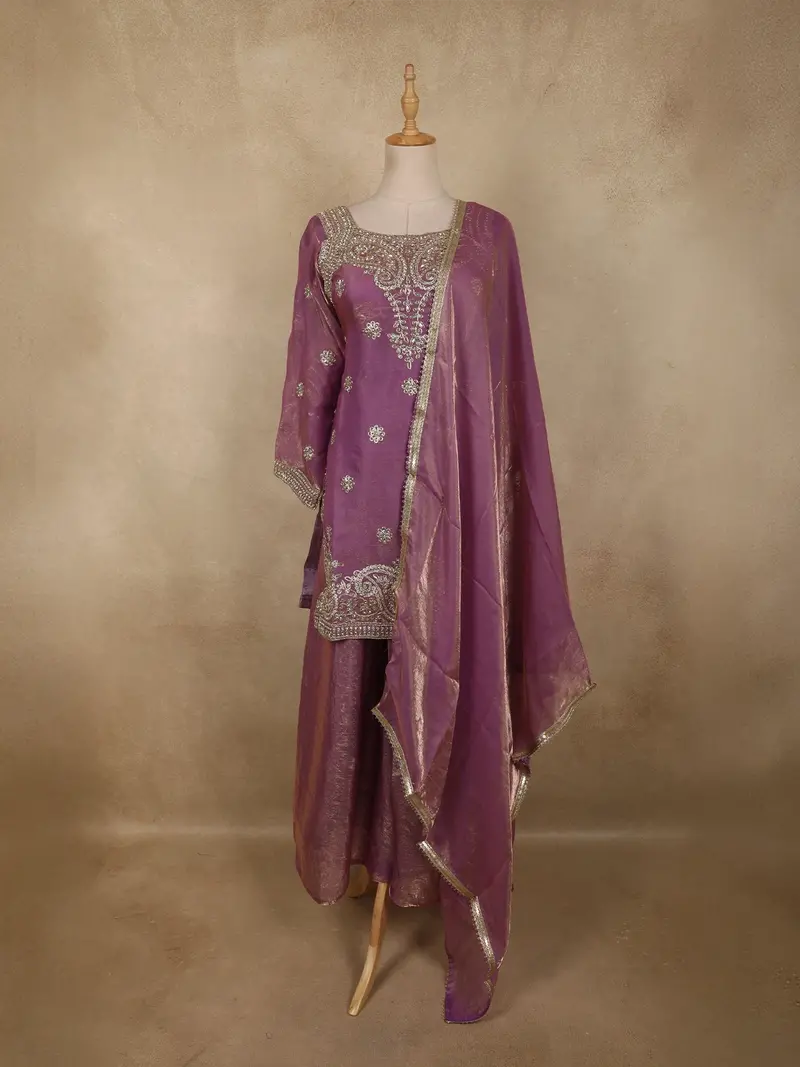 Purple Floral Sequins And Beads Embroidered Design Organza Palazzo Suit With Dupatta 1