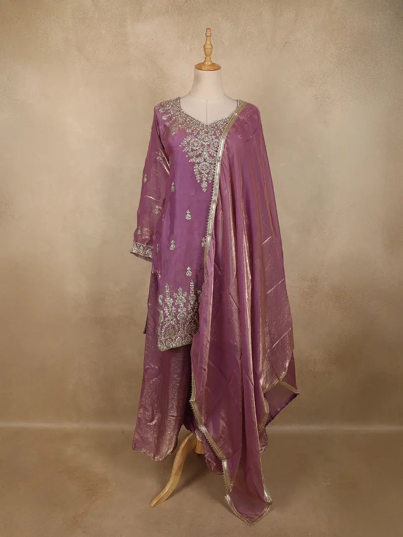 Purple Floral Sequins And Beads Embroidered Design Organza Palazzo Suit With Dupatta 1