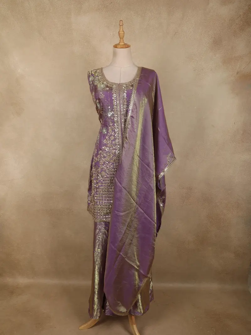 Purple Floral Sequins And Beads Embroidered Design Organza Palazzo Suit With Dupatta 1