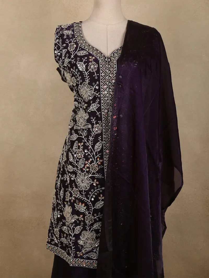 Purple Floral Sequins And Beads Embroidered Design Organza Palazzo Suit With Dupatta 2