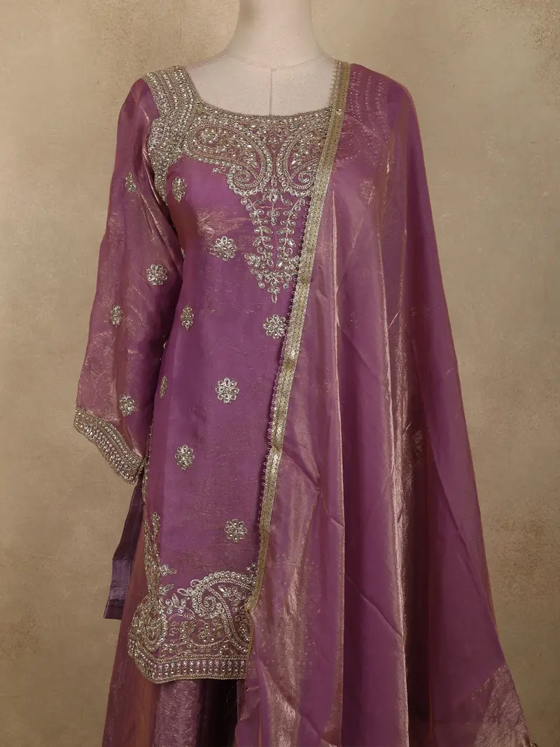Purple Floral Sequins And Beads Embroidered Design Organza Palazzo Suit With Dupatta 2