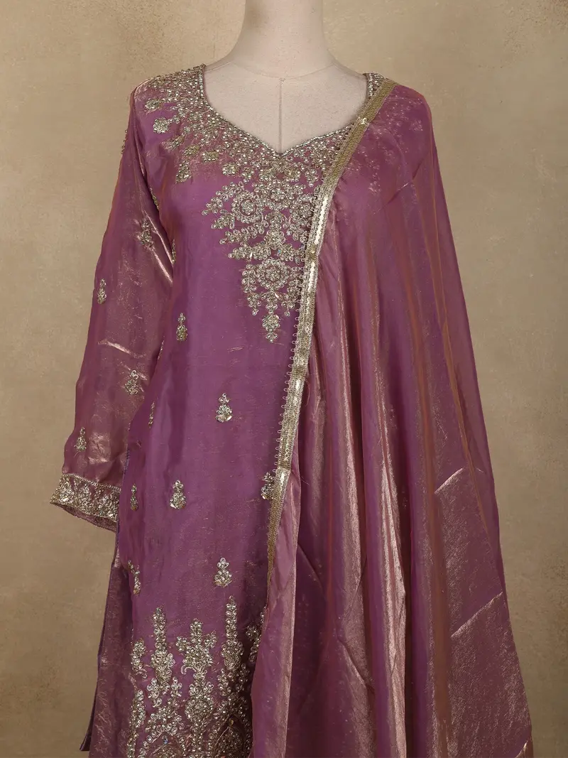 Purple Floral Sequins And Beads Embroidered Design Organza Palazzo Suit With Dupatta 2
