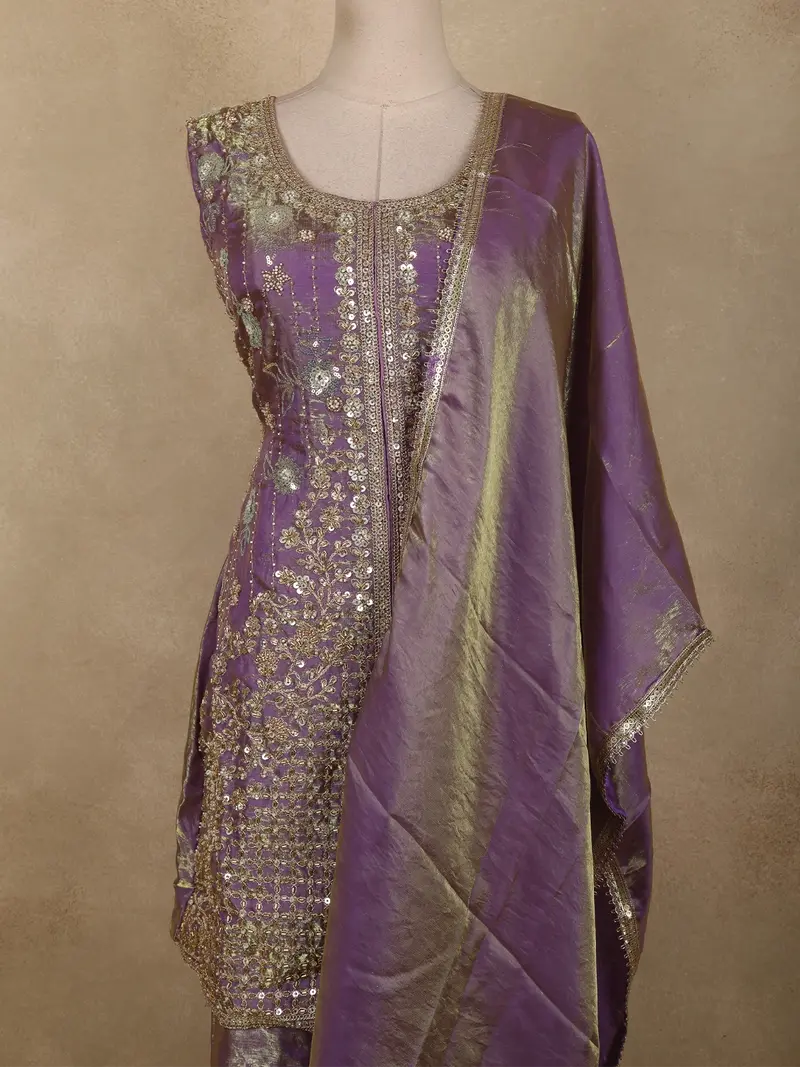 Purple Floral Sequins And Beads Embroidered Design Organza Palazzo Suit With Dupatta 2