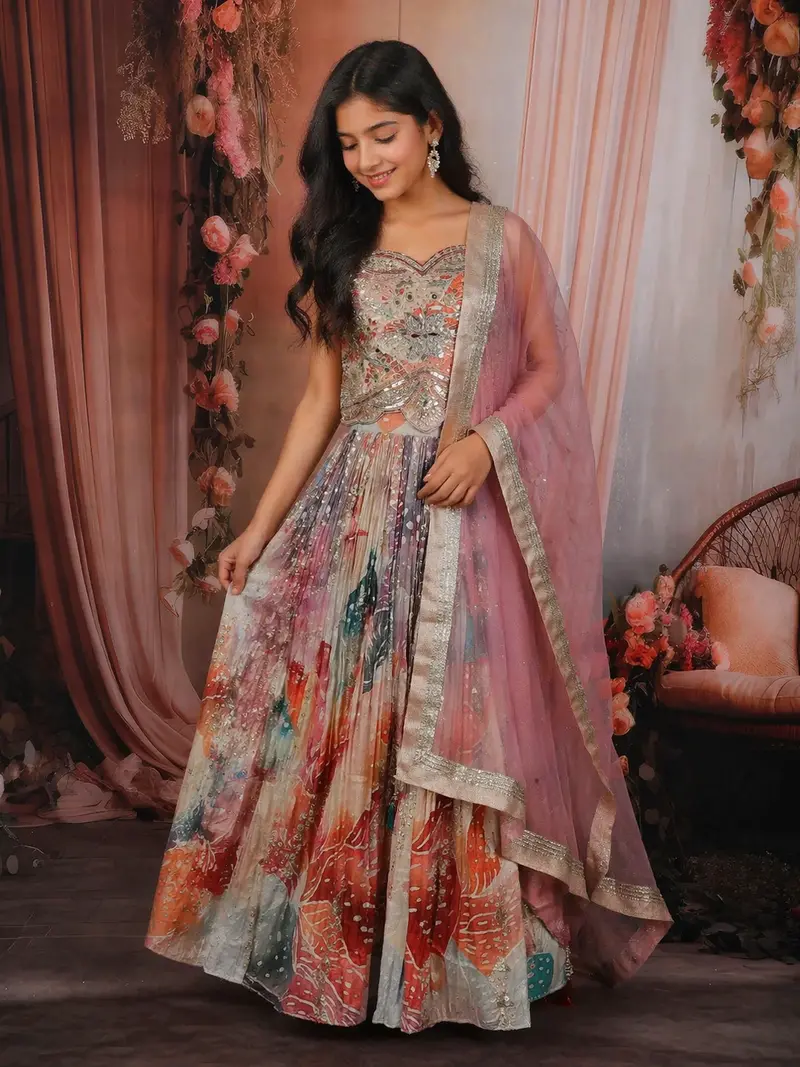 Purple Floral Sequins Design Georgette Kids Lehenga 1