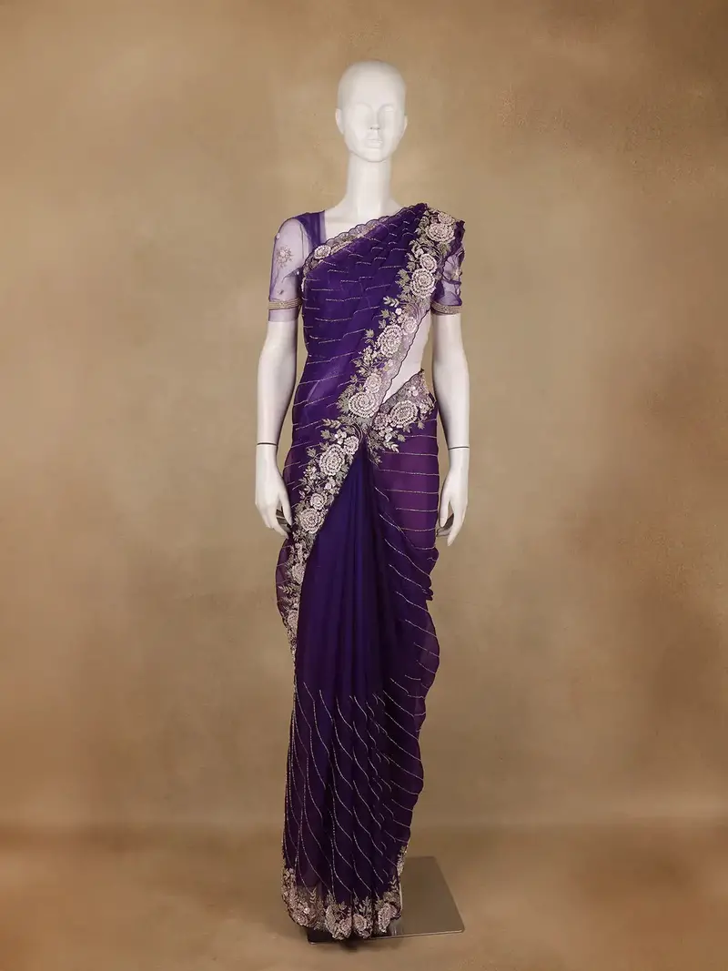 Purple Floral Sequins Embroidered Beads Work Net Saree 1