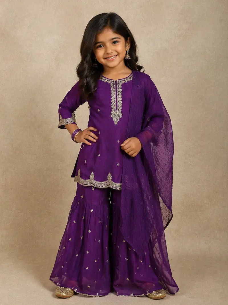 Purple Floral Sequins Embroidered Crepe Kids Sharara Suit With Dupatta 1
