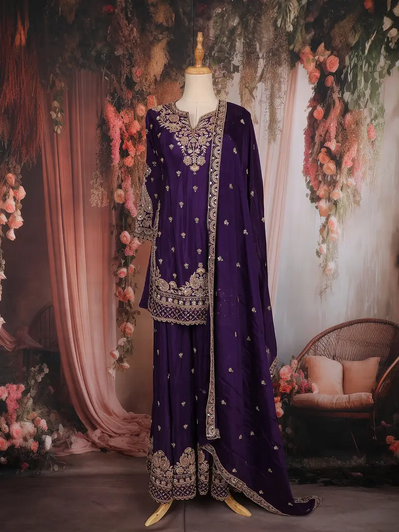 Purple Floral Sequins Embroidered Design Crepe Palazzo Suit 1