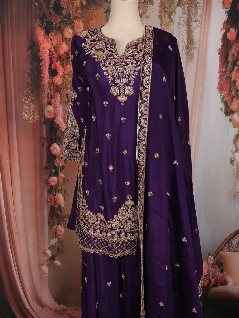 Purple Floral Sequins Embroidered Design Crepe Palazzo Suit 2