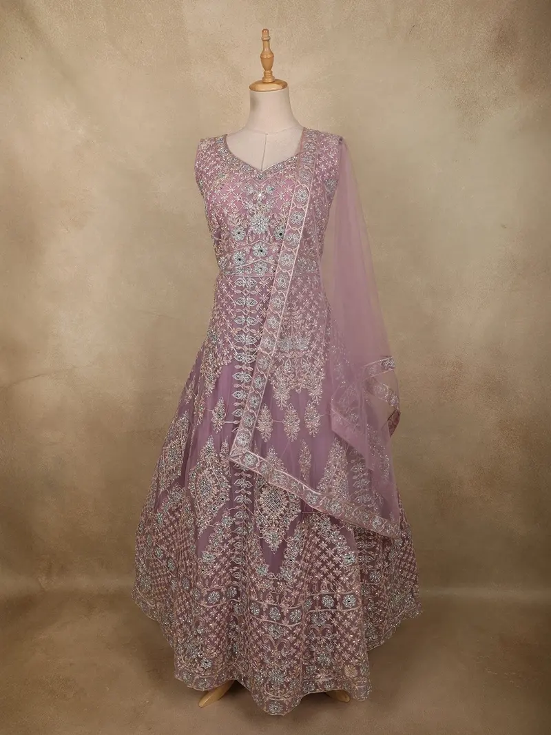 Purple Floral Thread And Mirror Embroidered Design Net Gown With Dupatta 1