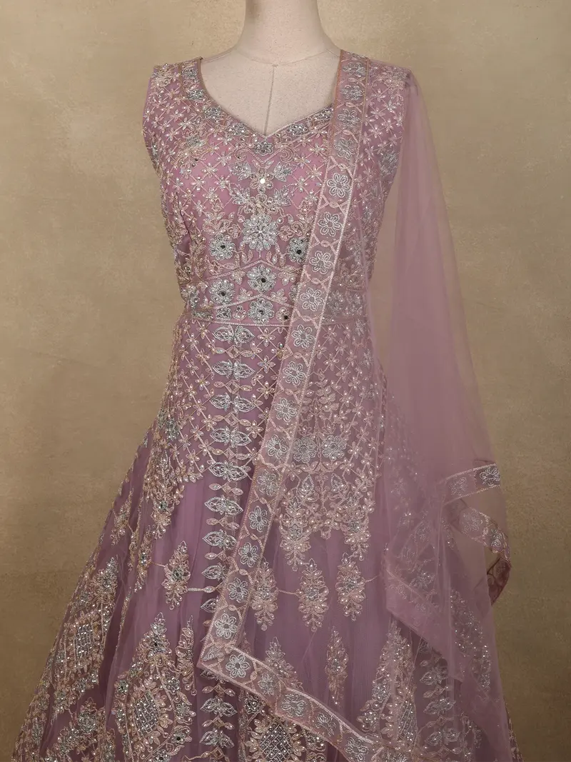 Purple Floral Thread And Mirror Embroidered Design Net Gown With Dupatta 2