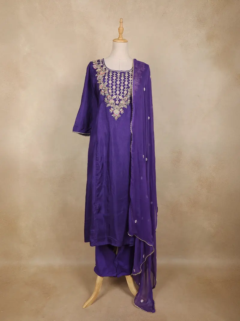 Purple Floral Thread Embroidered Cotton Salwar Suit With Dupatta 1