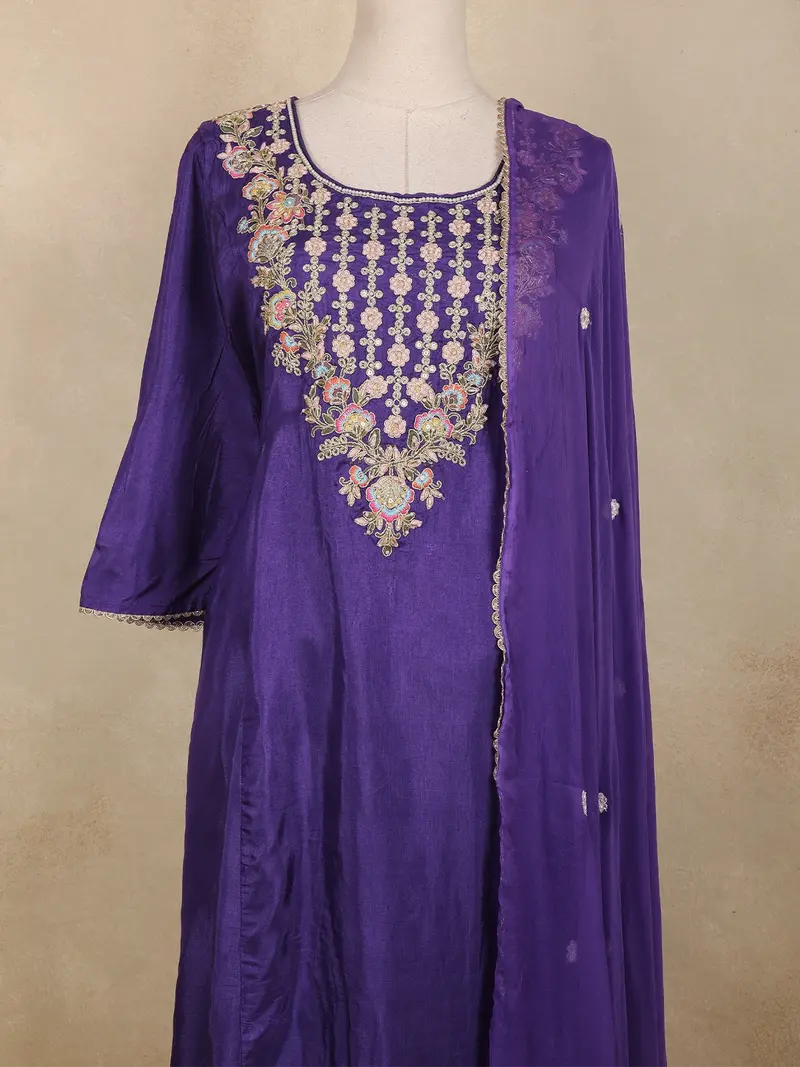 Purple Floral Thread Embroidered Cotton Salwar Suit With Dupatta 2