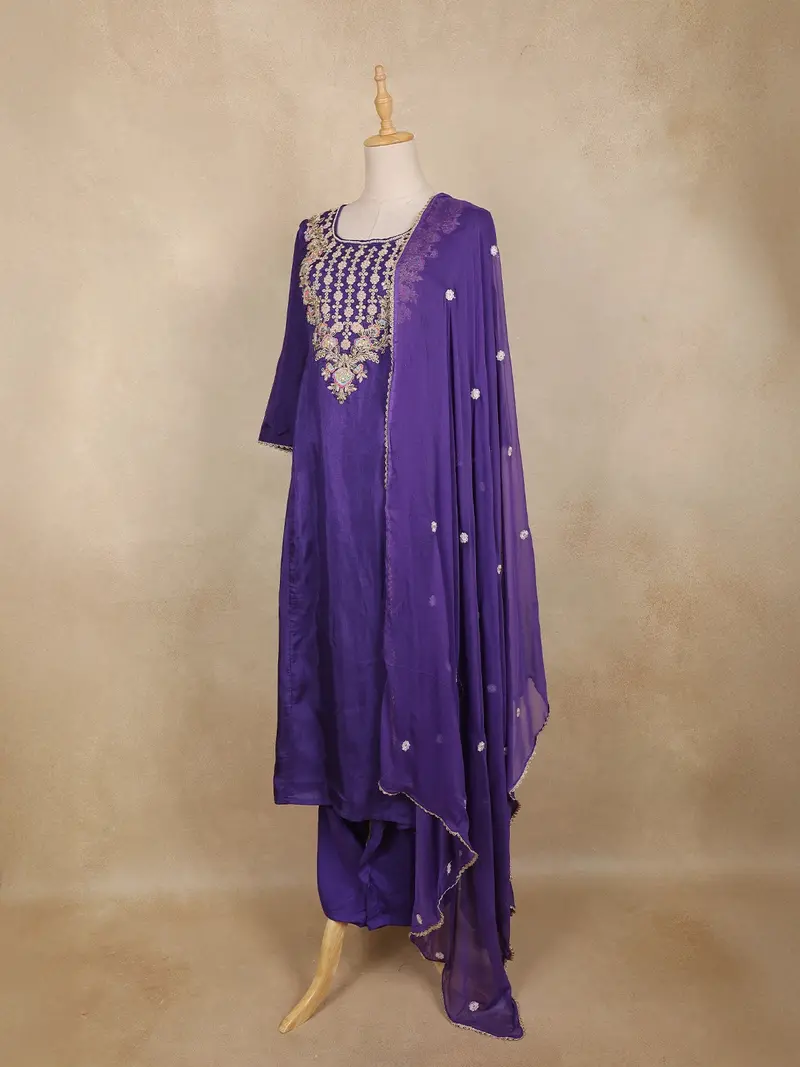 Purple Floral Thread Embroidered Cotton Salwar Suit With Dupatta 3