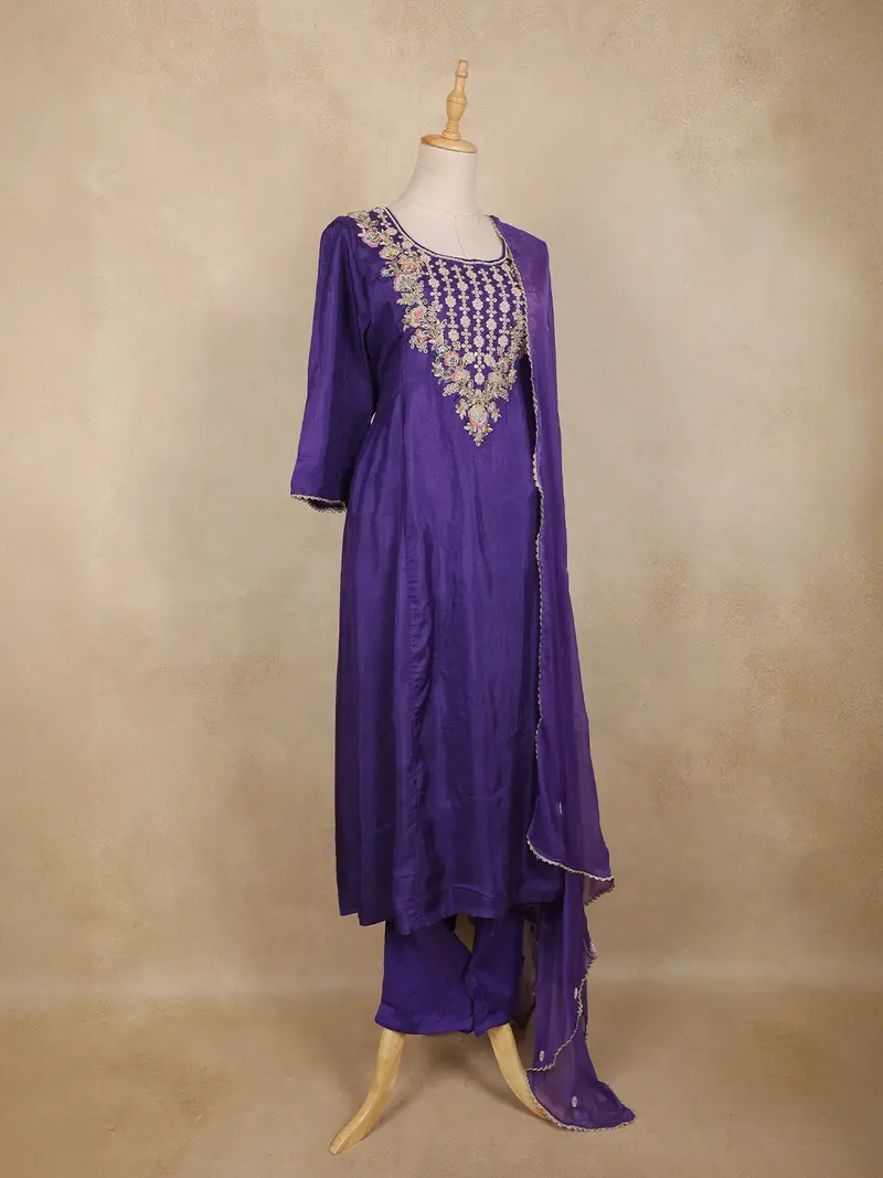 Purple Floral Thread Embroidered Cotton Salwar Suit With Dupatta 4