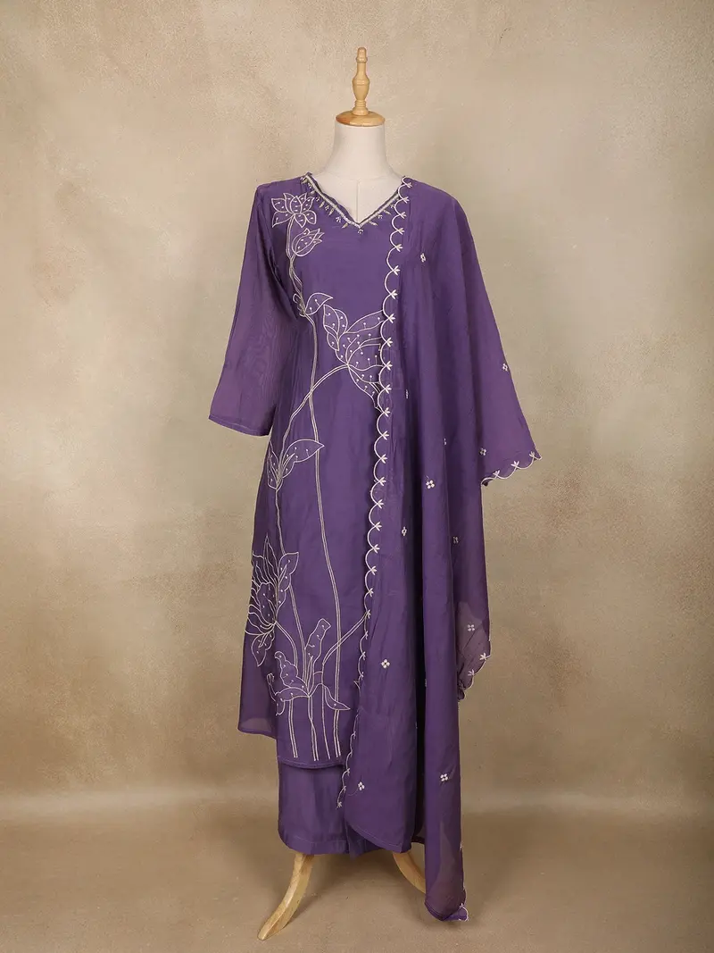 Purple Floral Thread Embroidered Design Cotton Straight Cut Salwar Suit 1