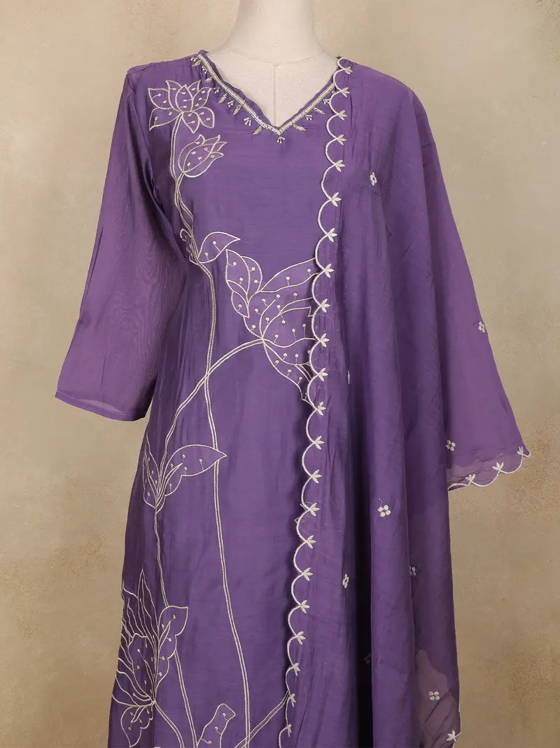 Purple Floral Thread Embroidered Design Cotton Straight Cut Salwar Suit 2