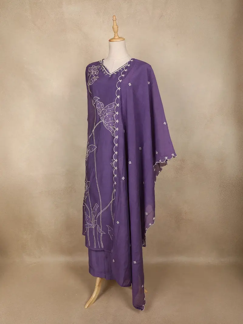 Purple Floral Thread Embroidered Design Cotton Straight Cut Salwar Suit 3