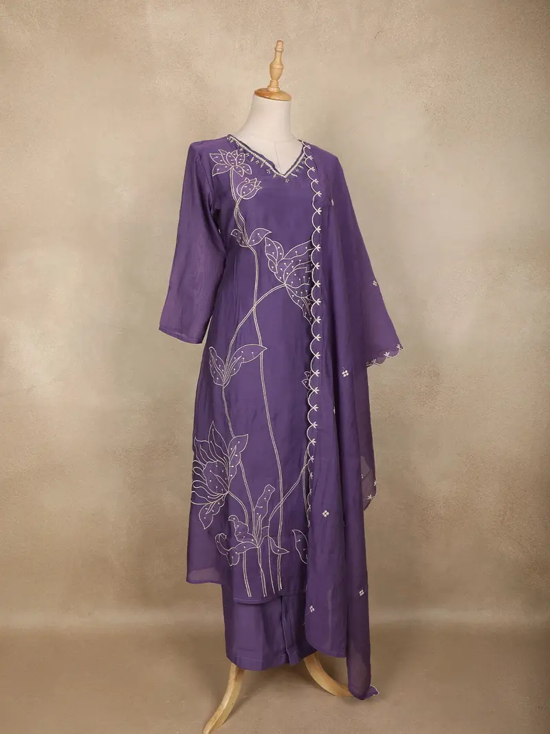 Purple Floral Thread Embroidered Design Cotton Straight Cut Salwar Suit 4