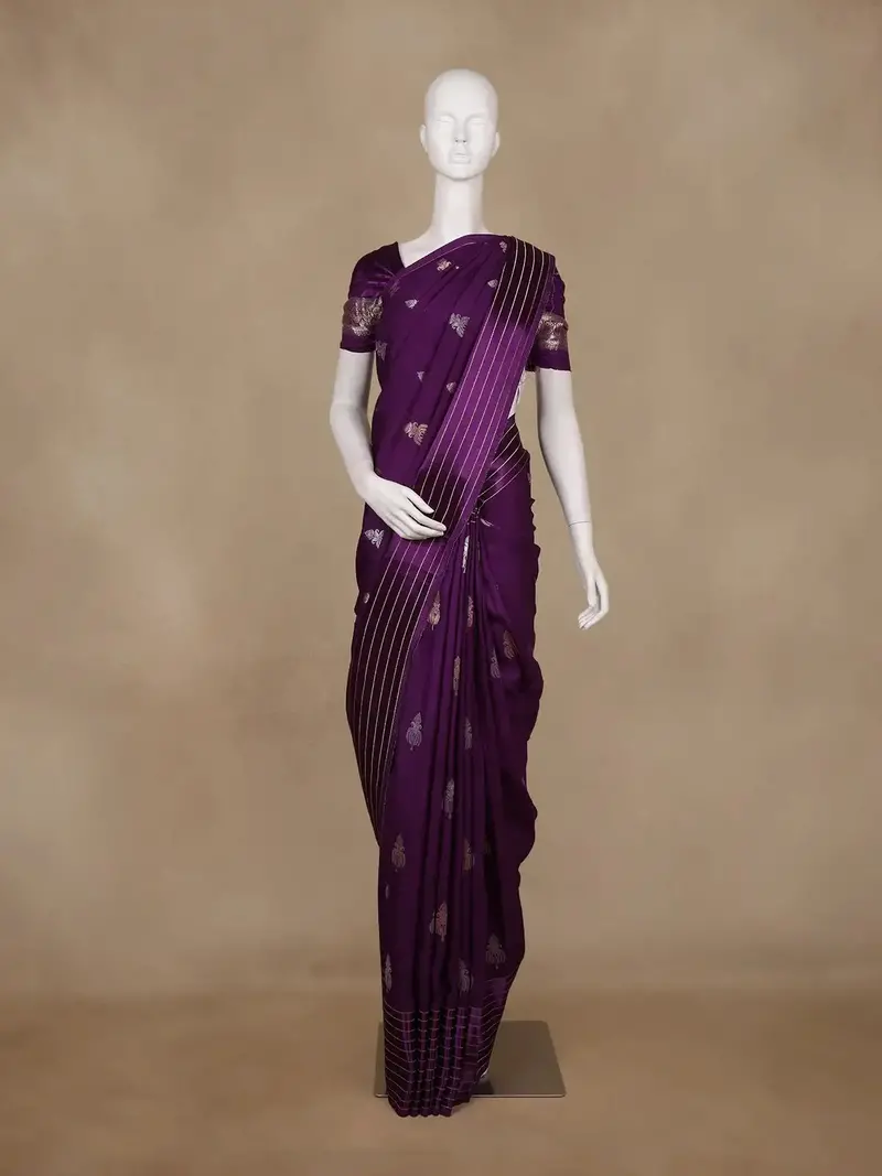 Purple Floral Woven Banarasi Silk Saree With Zari Border 1