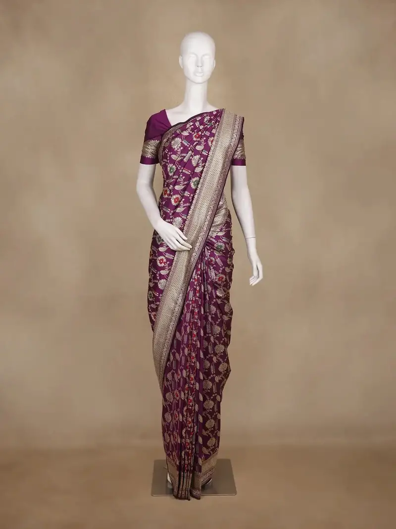 Purple Floral Woven Banarasi Silk Saree With Zari Border 1