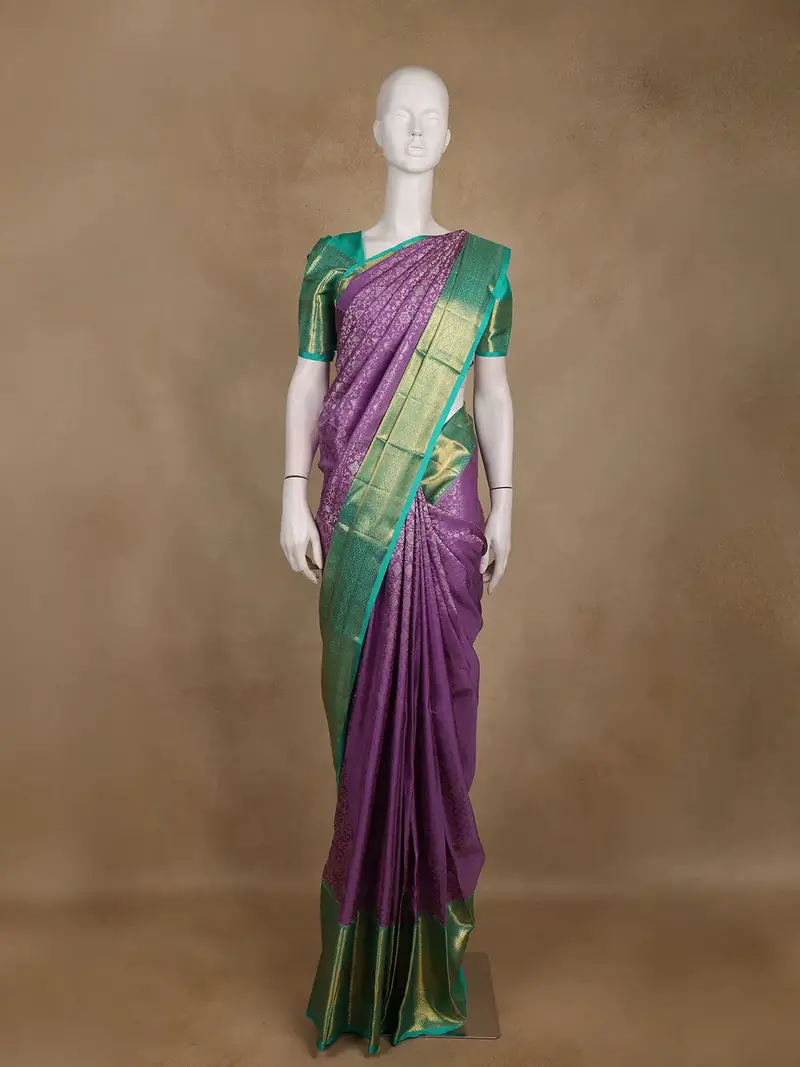 Purple Floral Woven Kanchipuram Silk Saree With Contrast Teal Green Zari Border 1