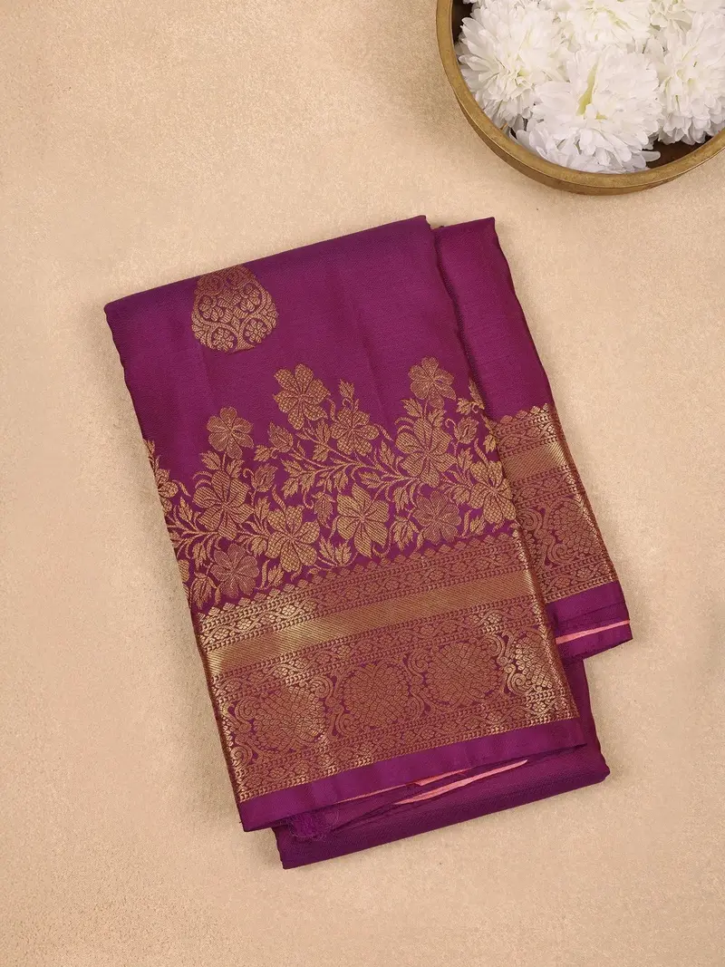 Purple Floral Woven Pure Kanchipuram Silk Saree 1
