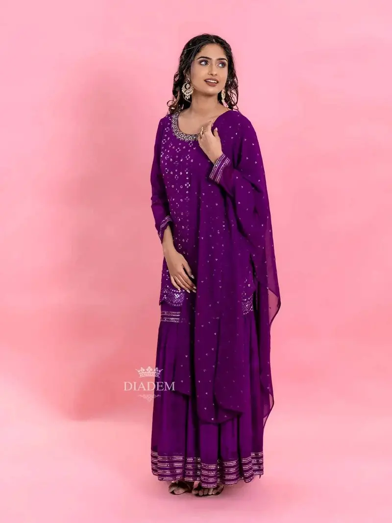 Purple Georgette Sharara Suit With Sequins Embellished Top Along With Dupatta 1