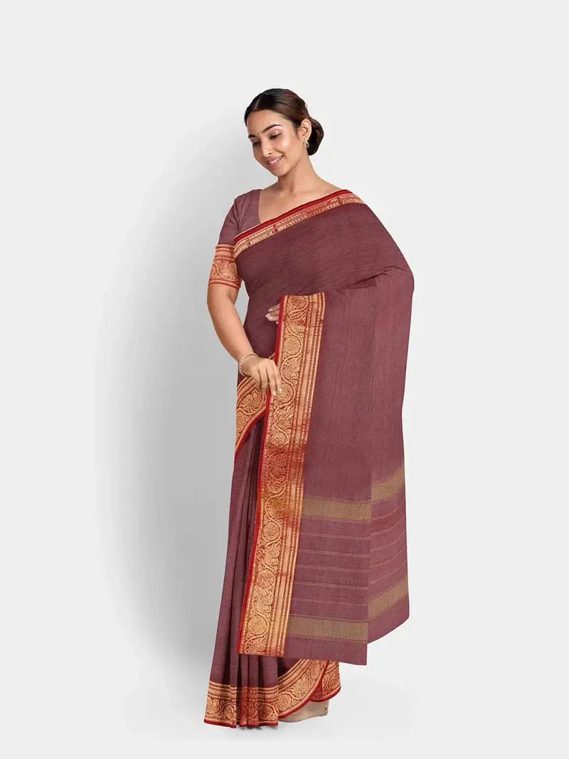 Purple Kanchi Cotton Saree With Plain Body And Contrast Zari Border 1