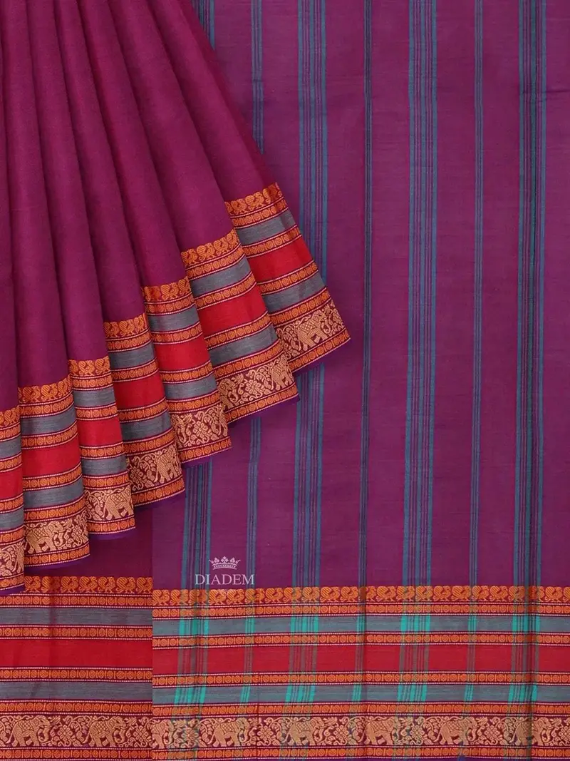Purple Kanchi Cotton Saree With Thread Butta On The Body And Contrast Thread Border 1