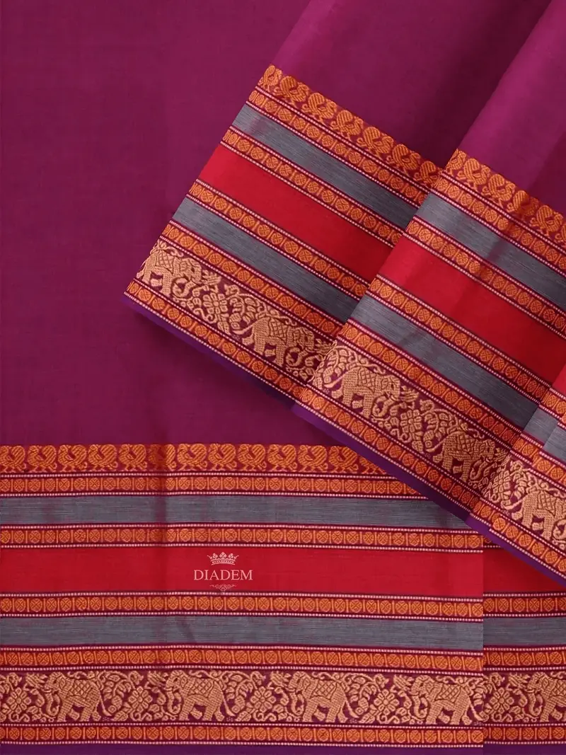 Purple Kanchi Cotton Saree With Thread Butta On The Body And Contrast Thread Border 2