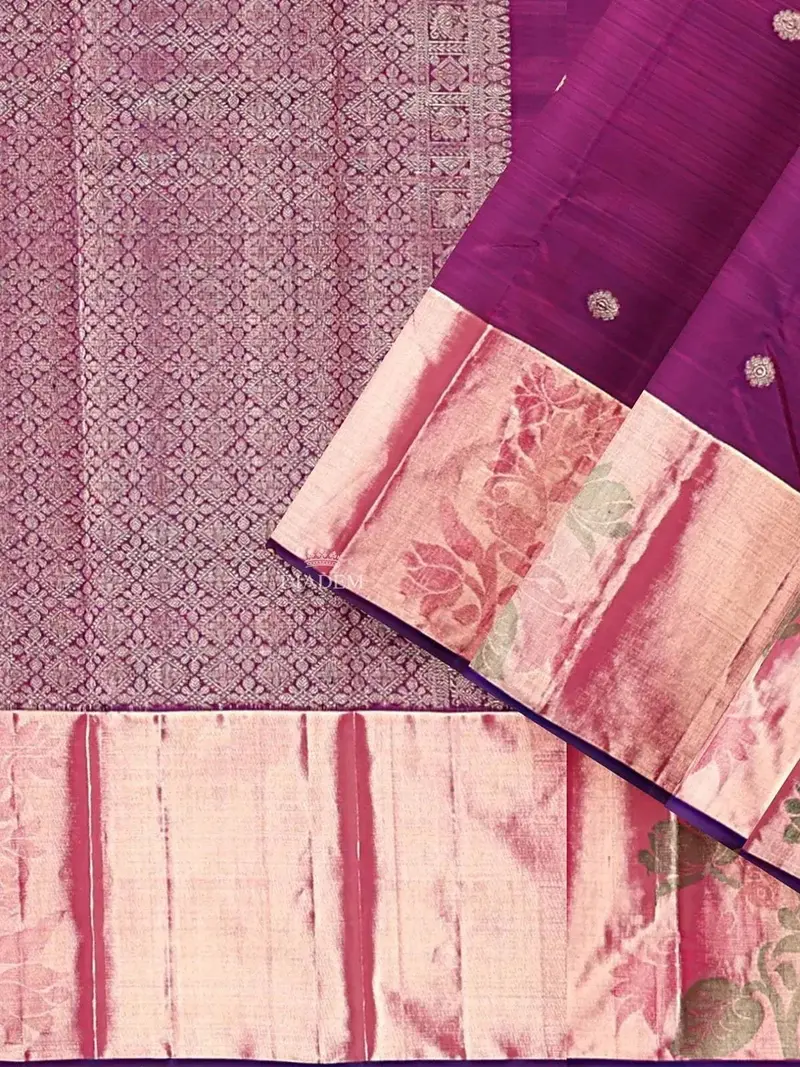 Purple Kanchipuram Bridal Silk Saree With Floral Motif On The Body And Zari Border 2